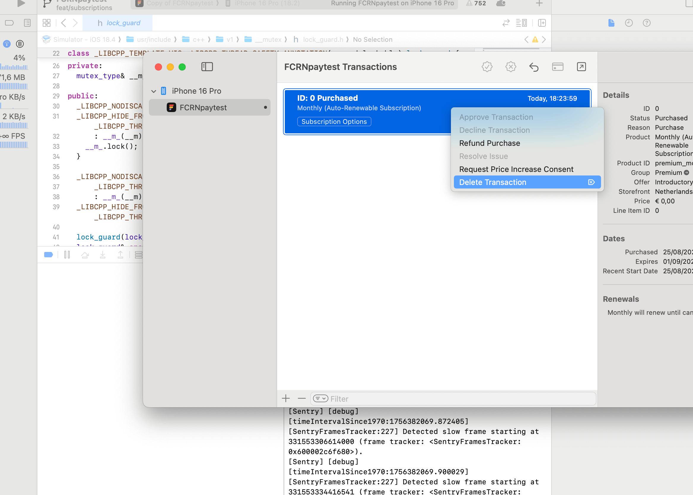 Deleting the test subscription in XCode